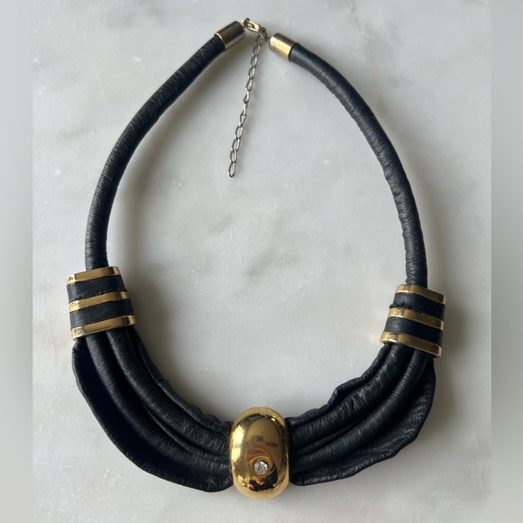 Vintage Black Leather Collar Necklace Gold Accent Statement, Hong Kong 80s 90s - Picture 2 of 6